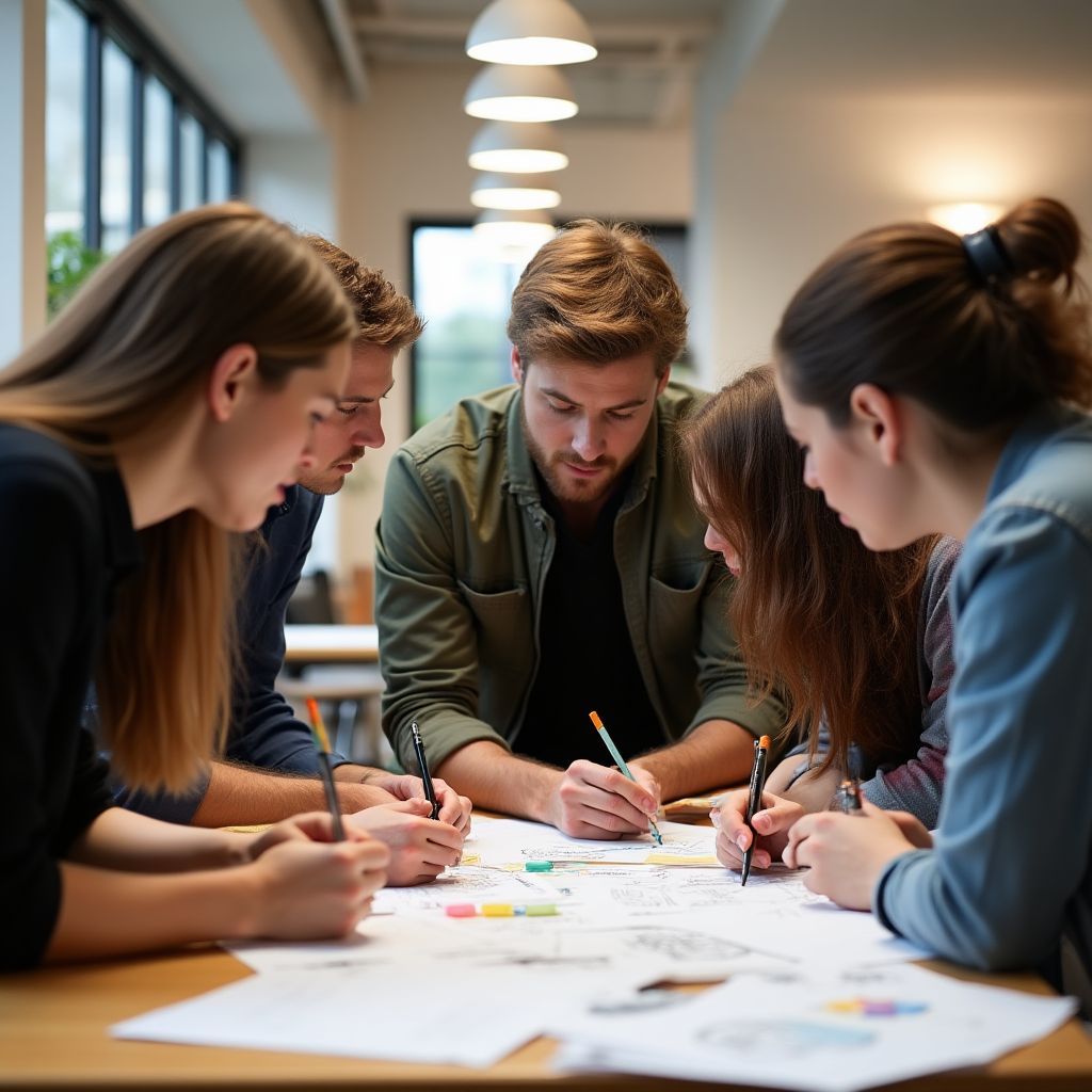 Estudiantes colaborando en un taller de diseño.